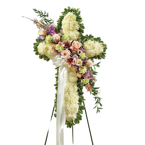 Solid White Standing Cross with Pastel Flower Break